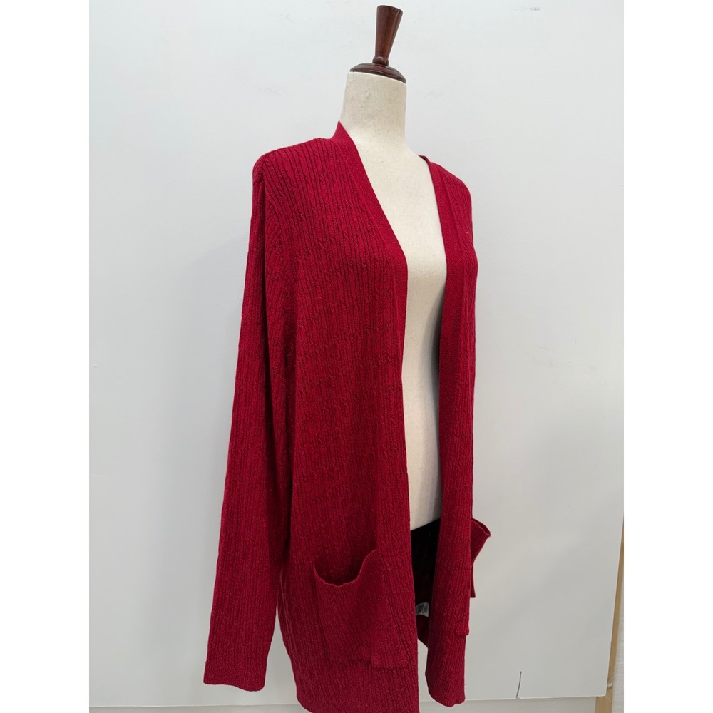 Kim Rogers Cardigan 2X Red Metallic Cable Knit Open Front Pockets New